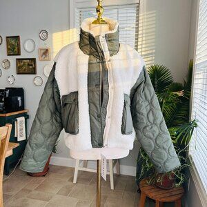 NWT Athleta Cropped Fleece Hybrid Jacket Sage & Cream Sz L